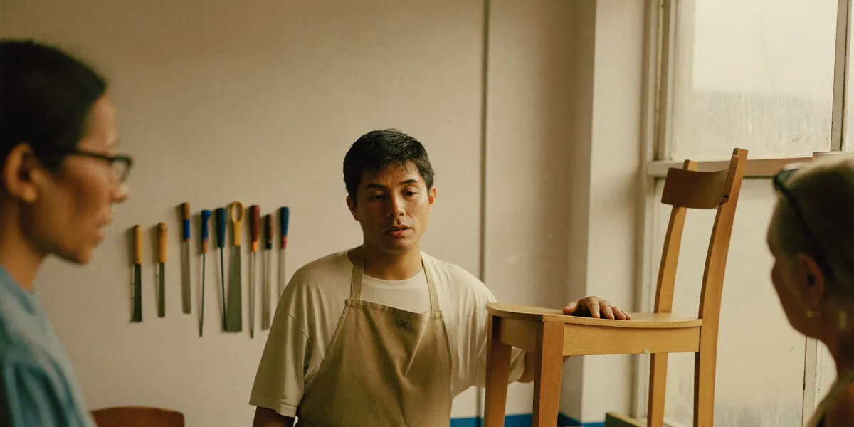 Un artisan montre une chaise réparée à un client dans son atelier.